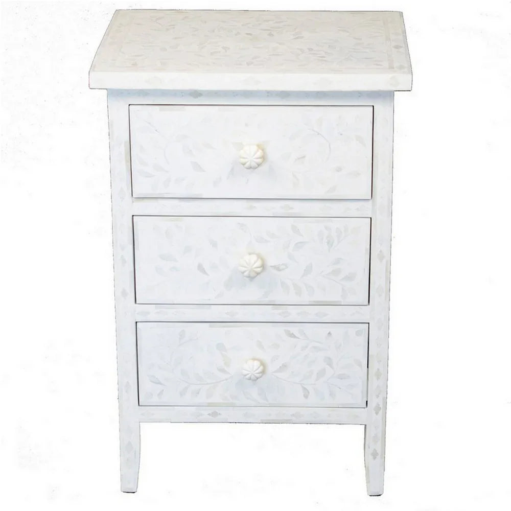 White 3-Drawer Bone Inlay Side Table - Berbere Imports