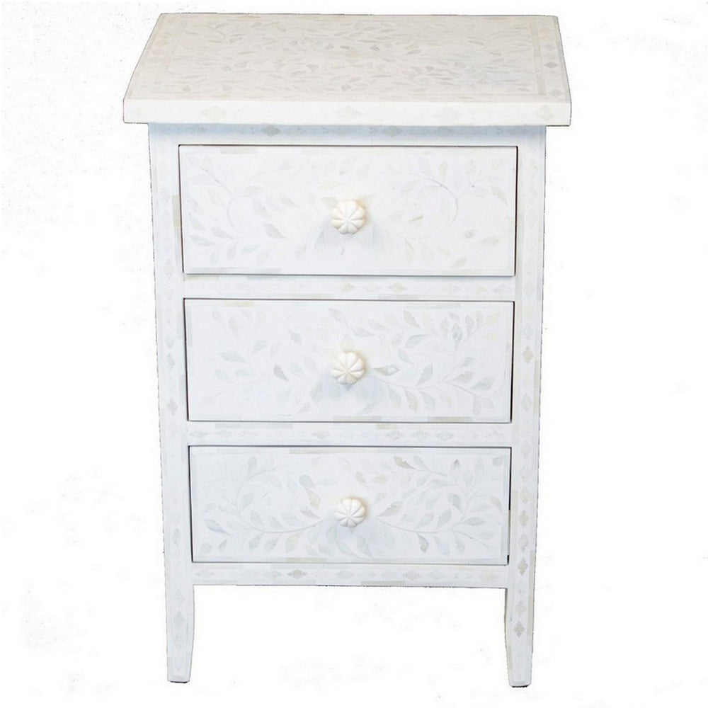 White 3-Drawer Bone Inlay Side Table - Berbere Imports