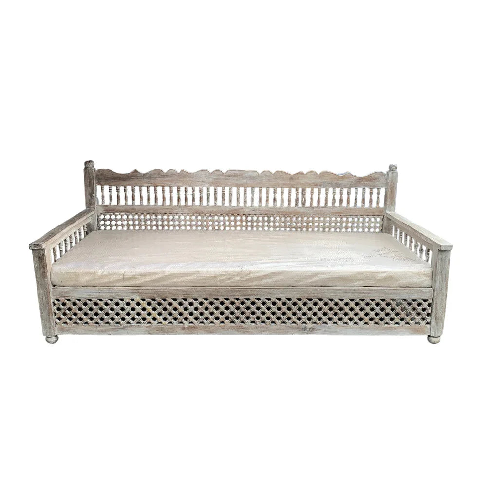 Indian Wooden Mousharabi Bench - Whitewashed, 41" H, view 1 of 6