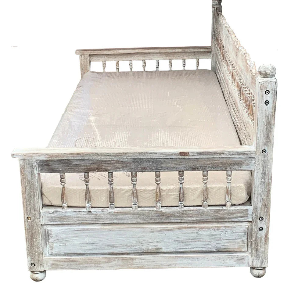 Indian Wooden Mousharabi Bench - Whitewashed, 41" H, view 5 of 6