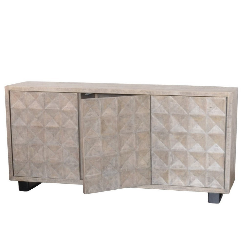 Indian Whitewash Wooden 3-Door Sideboard With Iron Base - Berbere Imports