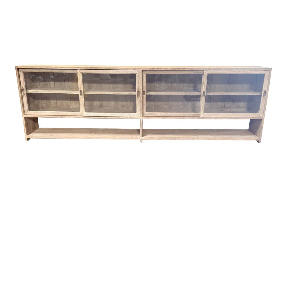 Indian Wooden Sideboard With 4-Sliding Glass Doors And Lower Open Shelf - Berbere Imports