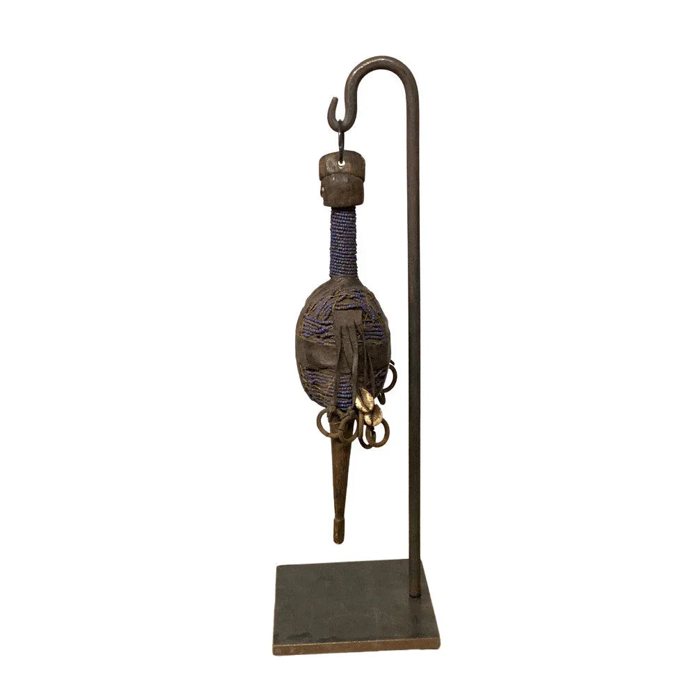 African Wooden Tribal Man On Custom Iron Stand - Berbere Imports