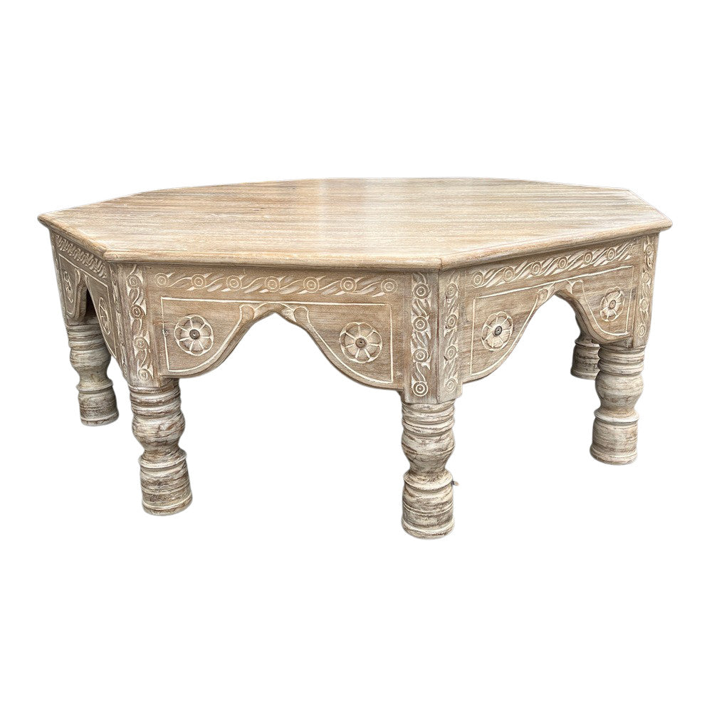 Octagonal Whitewashed Wooden Coffee Table - Berbere Imports