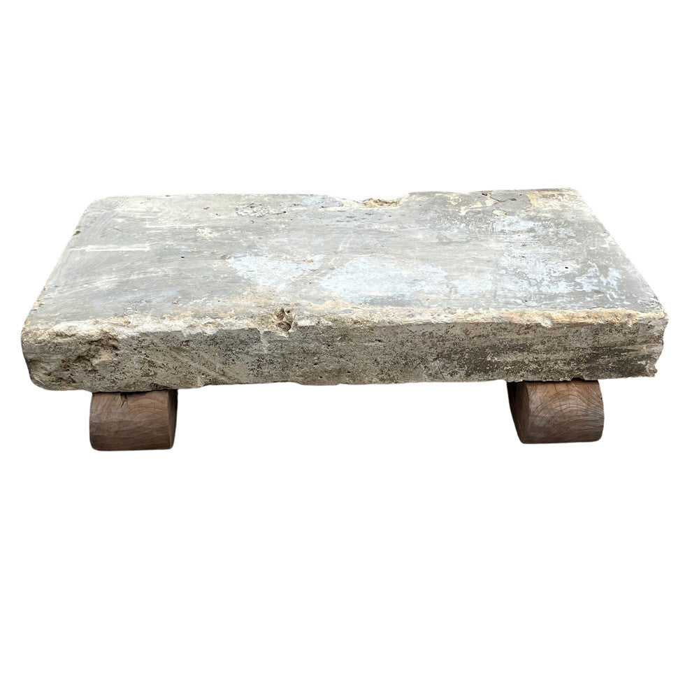 Antique Limestone Coffee Table With Wood Base - Berbere Imports