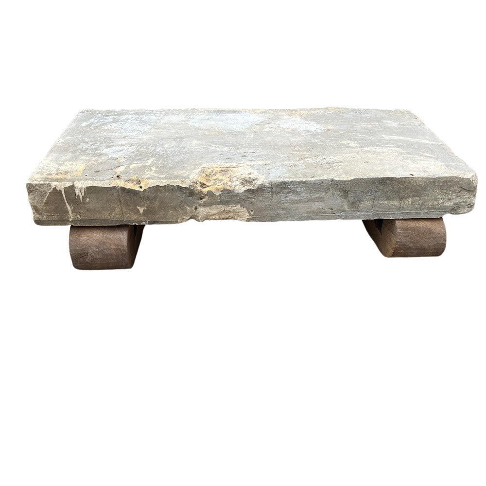 Antique Limestone Coffee Table With Wood Base - Berbere Imports