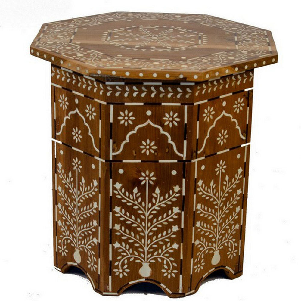 Indian Wooden Octagonal Bone Inlay Side Table - Large - Light - Berbere Imports