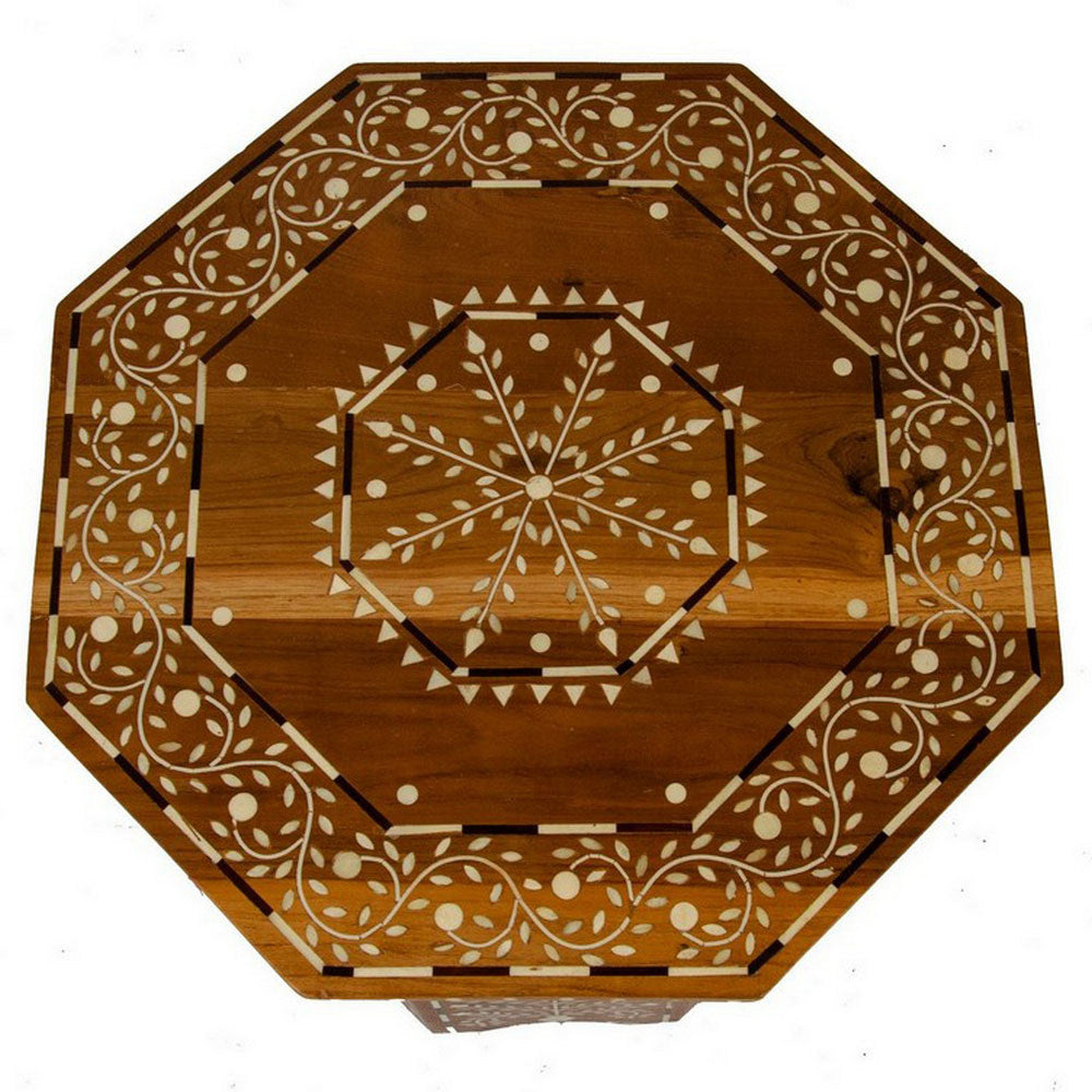 Indian Wooden Octagonal Bone Inlay Side Table - Large - Light - Berbere Imports