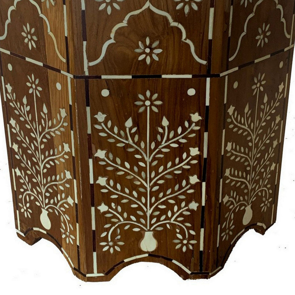 Indian Wooden Octagonal Bone Inlay Side Table - Large - Light - Berbere Imports