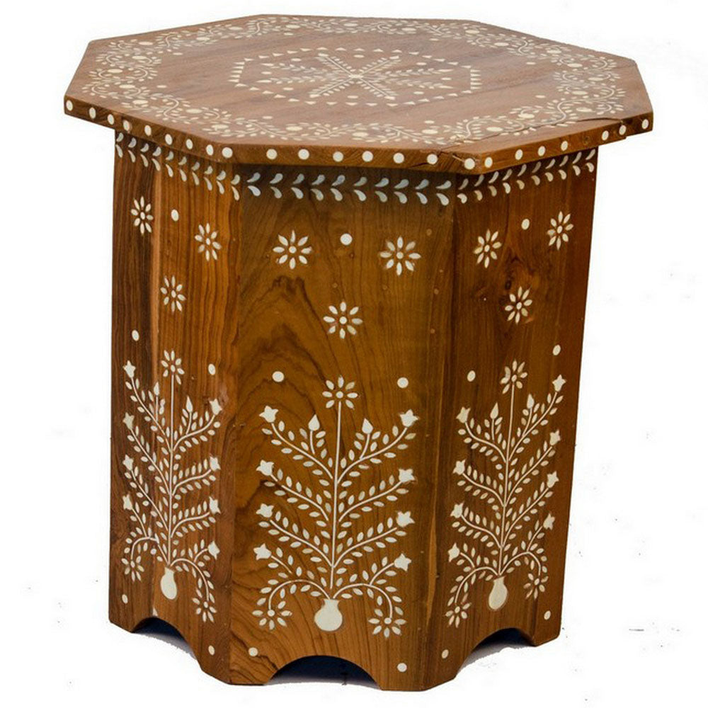 Indian Wooden Octagonal Bone Inlay Side Table - Large - Light - Berbere Imports