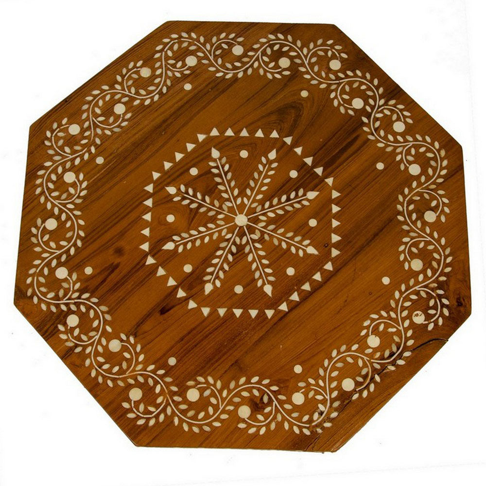 Indian Wooden Octagonal Bone Inlay Side Table - Large - Light - Berbere Imports