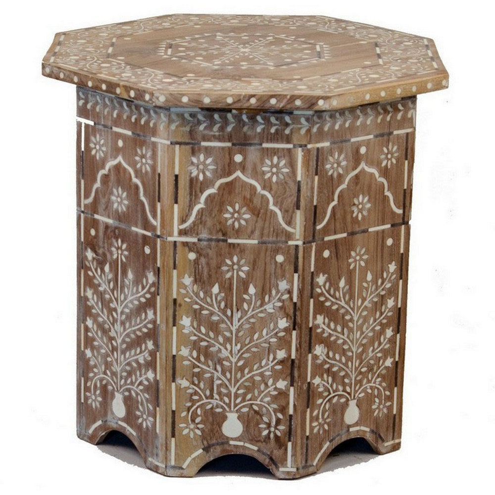 Indian Wooden Octagonal Bone Inlay Side Table - Large - Whitewash - Berbere Imports