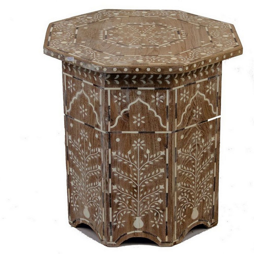 Indian Wooden Octagonal Bone Inlay Side Table - Small - Whitewash - Berbere Imports