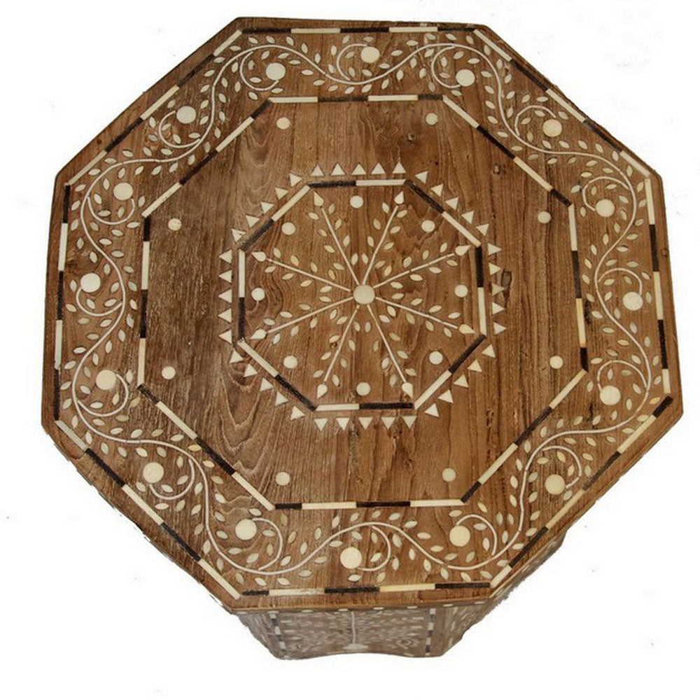 Indian Wooden Octagonal Bone Inlay Side Table - Small - Whitewash - Berbere Imports