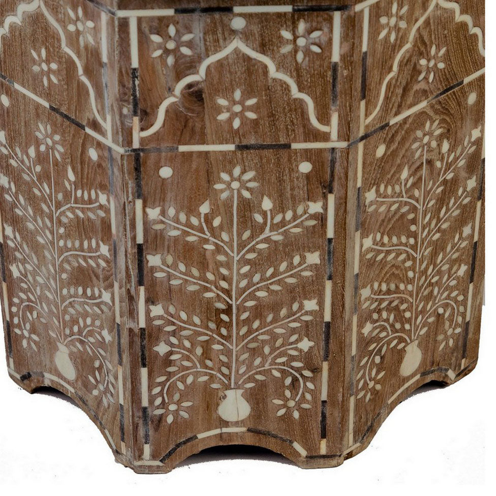 Indian Wooden Octagonal Bone Inlay Side Table - Small - Whitewash - Berbere Imports