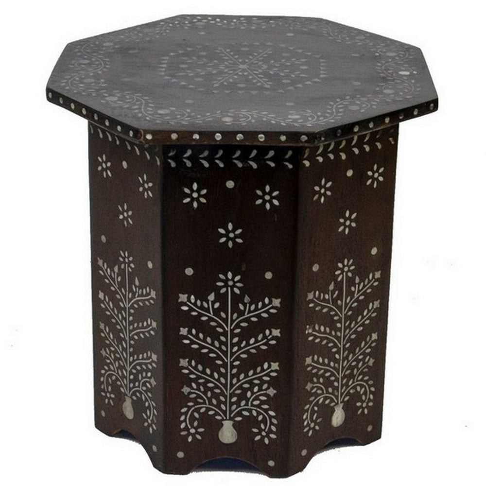 Indian Wooden Octagonal Bone Inlay Side Table - Small - Dark Finish - Berbere Imports