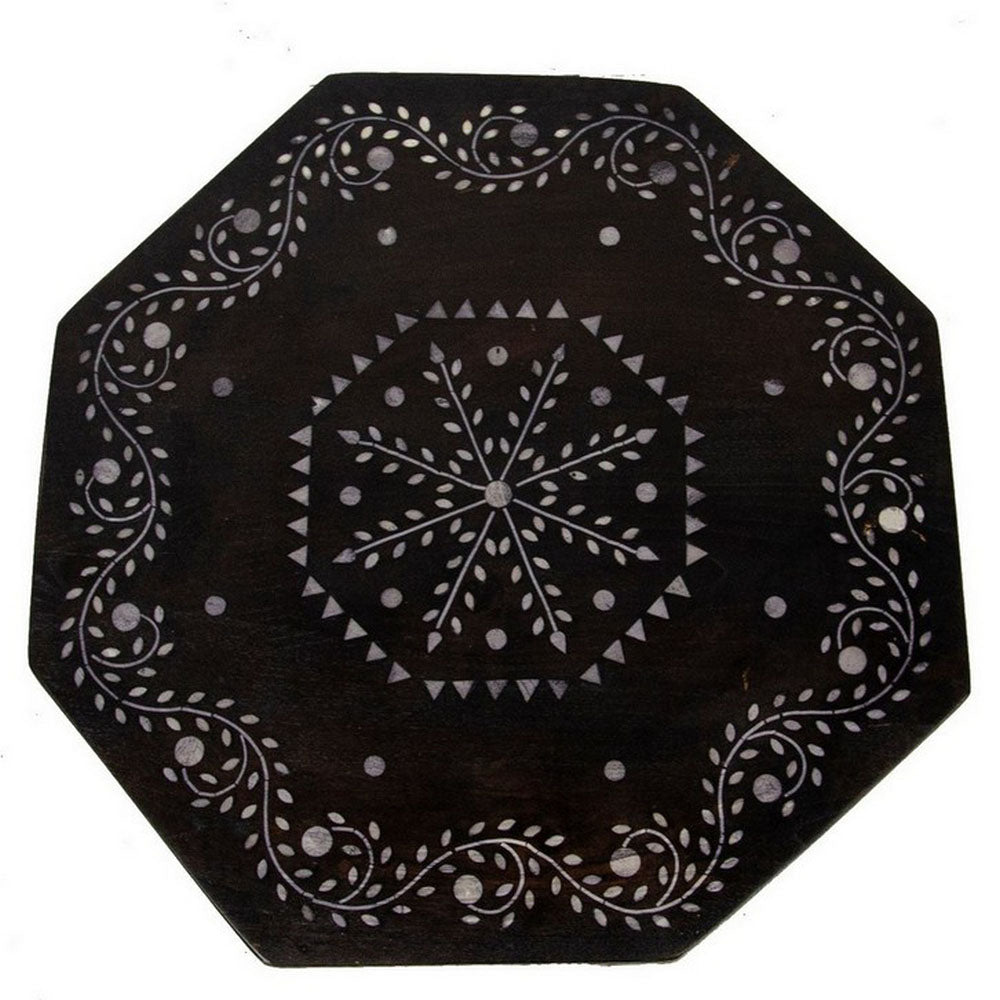 Indian Wooden Octagonal Bone Inlay Side Table - Small - Dark Finish - Berbere Imports