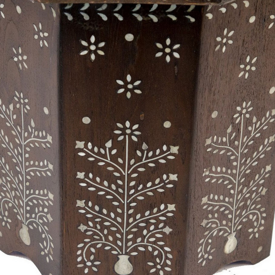 Indian Wooden Octagonal Bone Inlay Side Table - Small - Dark Finish - Berbere Imports