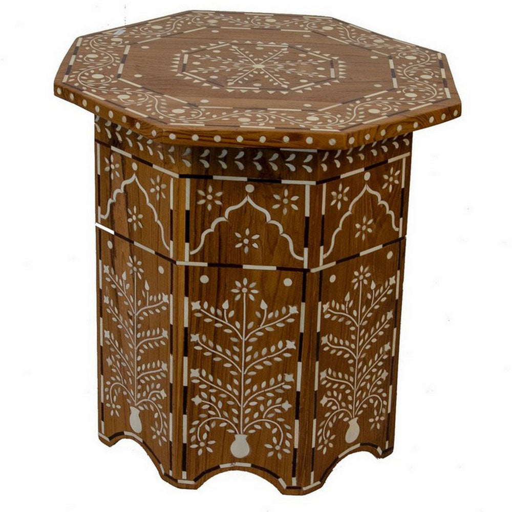 Indian Wooden Octagonal Bone Inlay Side Table - Small - Light - Berbere Imports