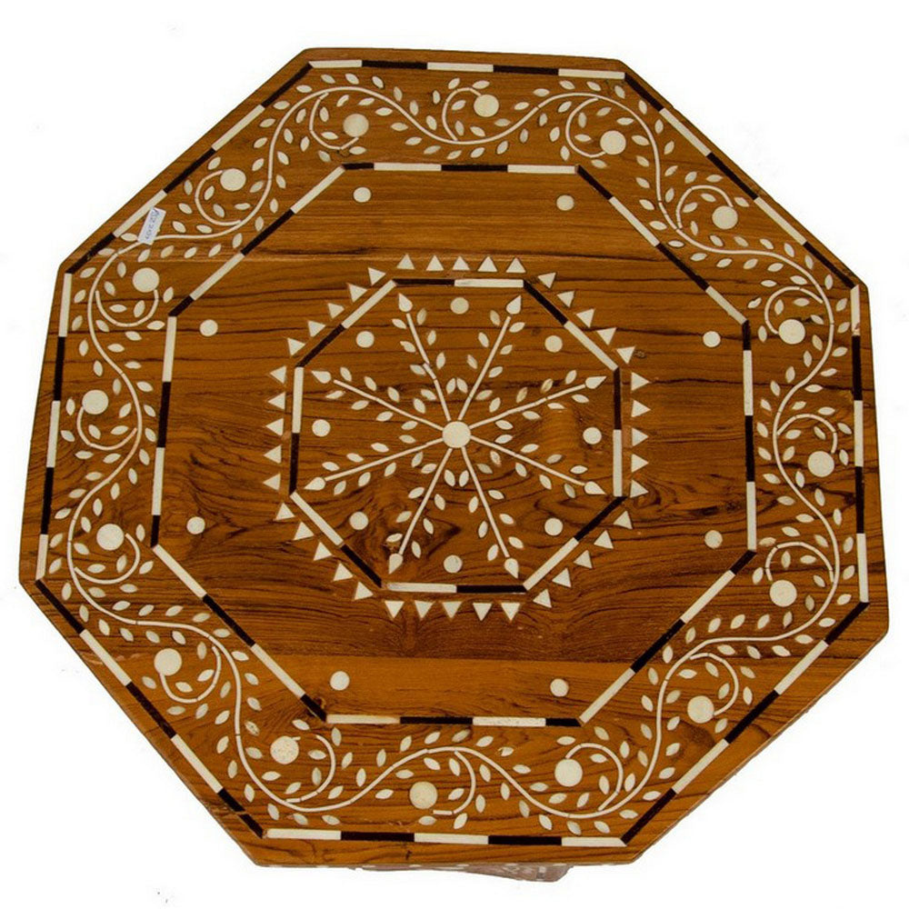 Indian Wooden Octagonal Bone Inlay Side Table - Small - Light - Berbere Imports