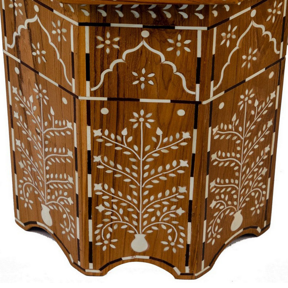 Indian Wooden Octagonal Bone Inlay Side Table - Small - Light - Berbere Imports