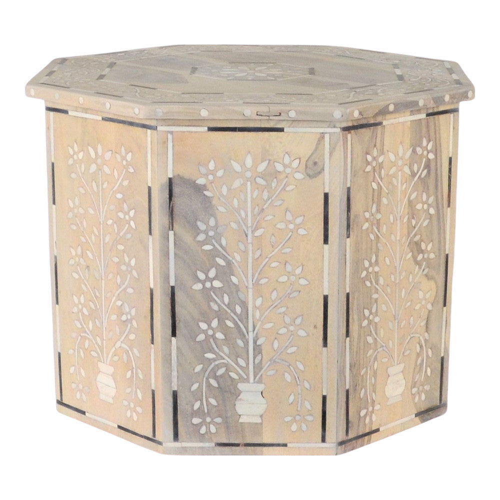 Indian Whitewash Wooden Octagonal Bone Inlay Side Table - Berbere Imports