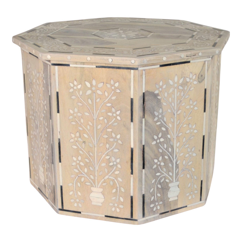 Indian Whitewash Wooden Octagonal Bone Inlay Side Table - Berbere Imports