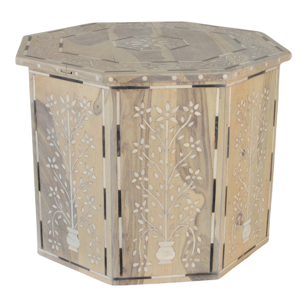 Indian Whitewash Wooden Octagonal Bone Inlay Side Table - Berbere Imports