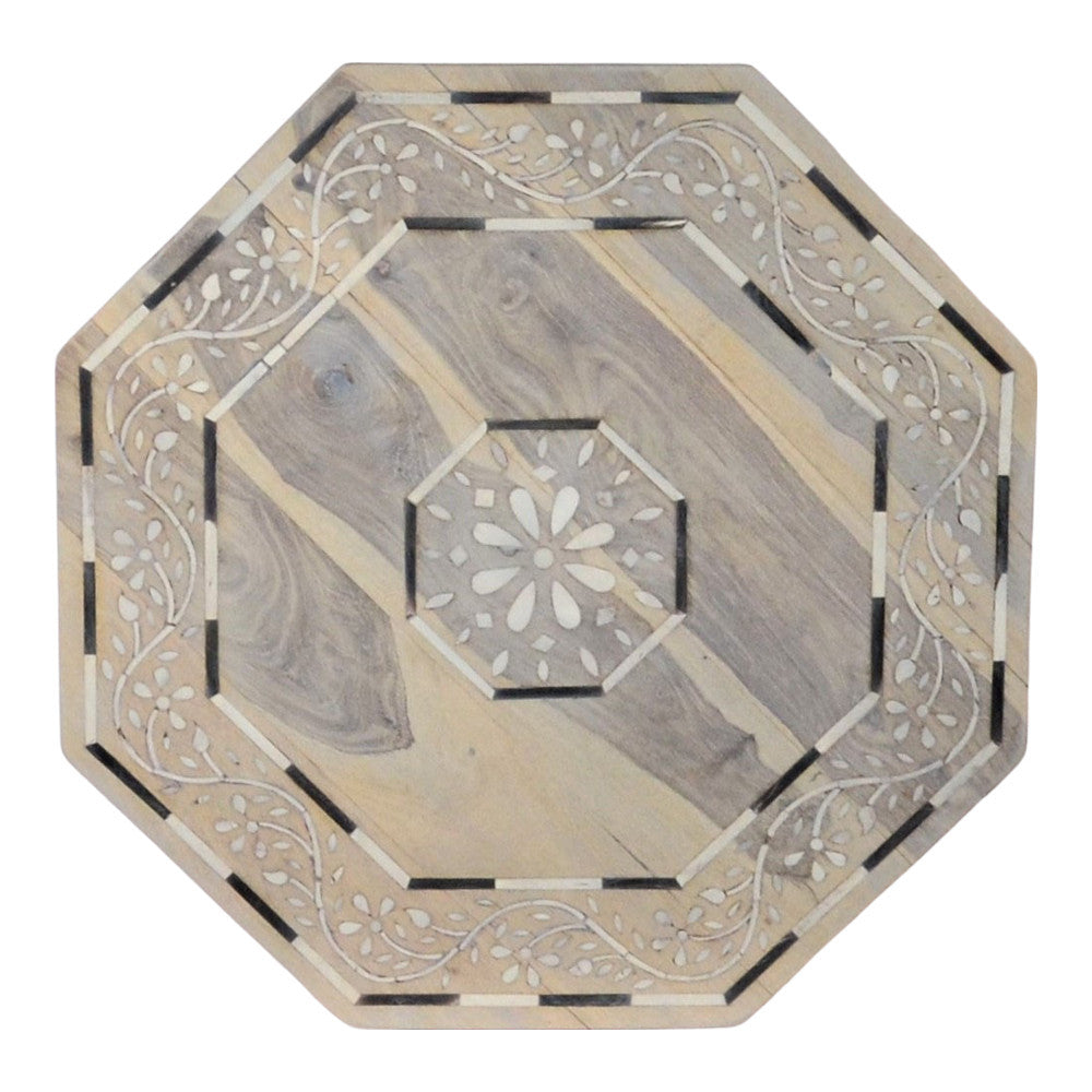 Indian Whitewash Wooden Octagonal Bone Inlay Side Table - Berbere Imports