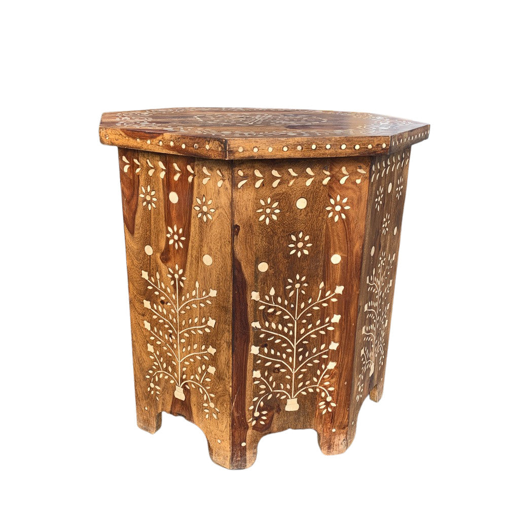 Indian Wooden Octagonal Bone Inlay Side Table - Berbere Imports