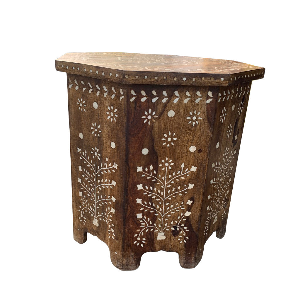 Indian Wooden Octagonal Bone Inlay Side Table - Berbere Imports