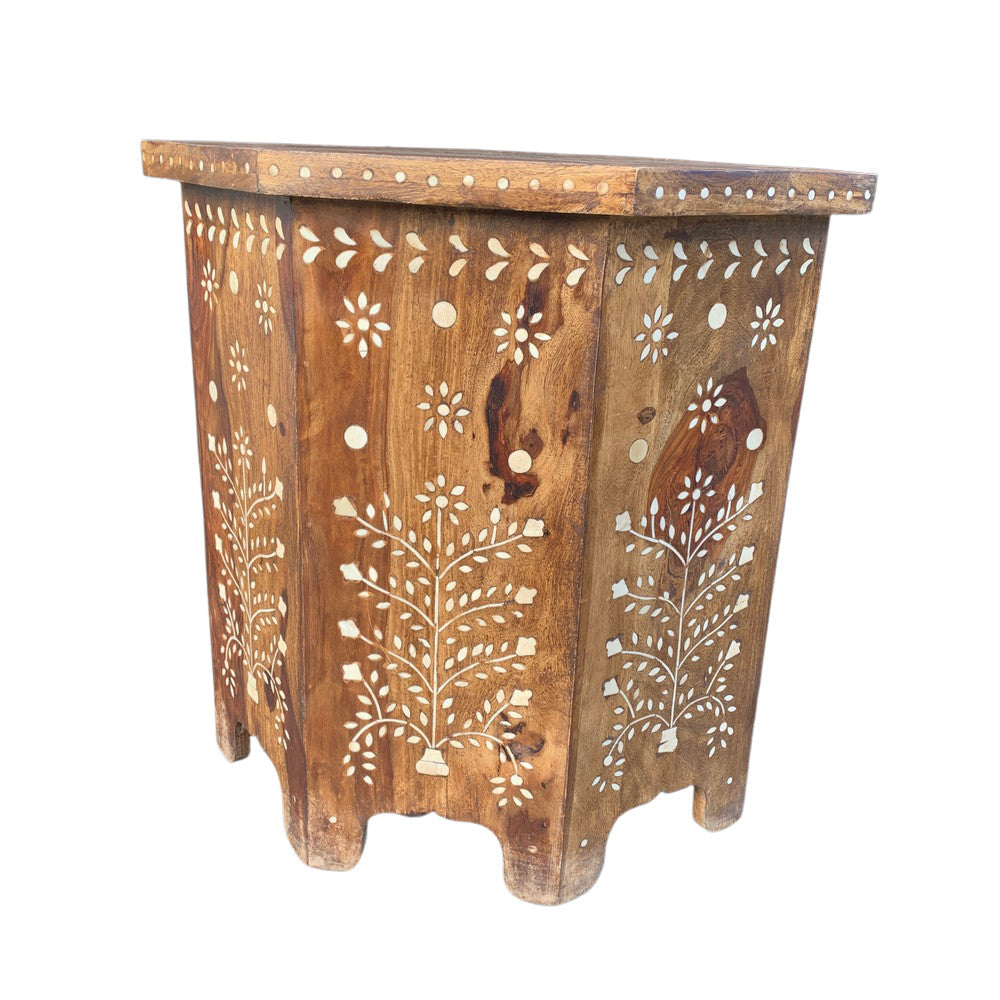 Indian Wooden Octagonal Bone Inlay Side Table - Berbere Imports