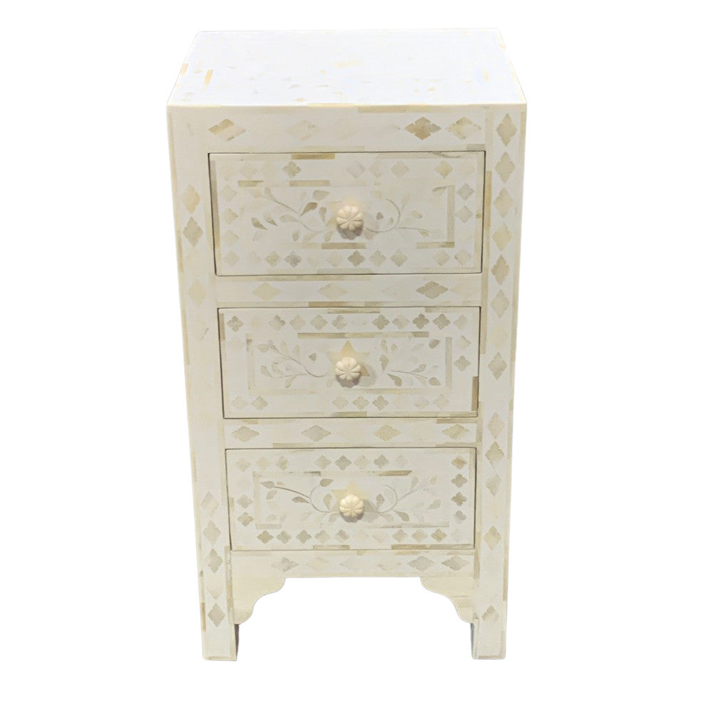 White Floral Bone Inlay 3-Drawer Side Table - Berbere Imports