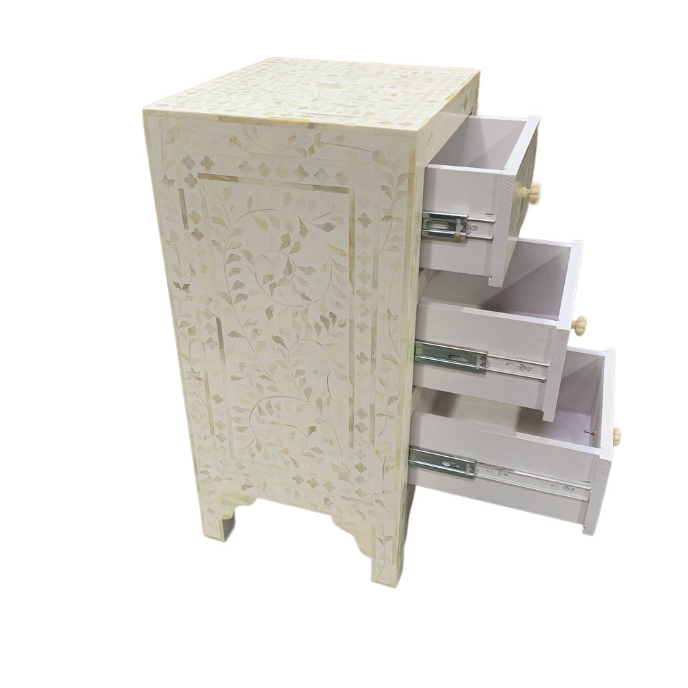 White Floral Bone Inlay 3-Drawer Side Table - Berbere Imports