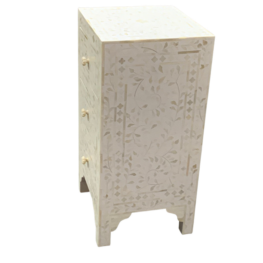 White Floral Bone Inlay 3-Drawer Side Table - Berbere Imports