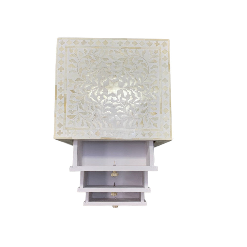 White Floral Bone Inlay 3-Drawer Side Table - Berbere Imports