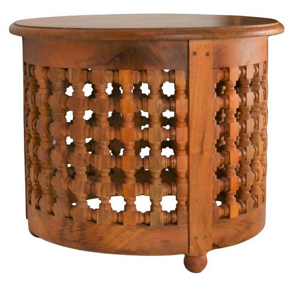 Indian Round Mousharabi Side Table - Light - Berbere Imports