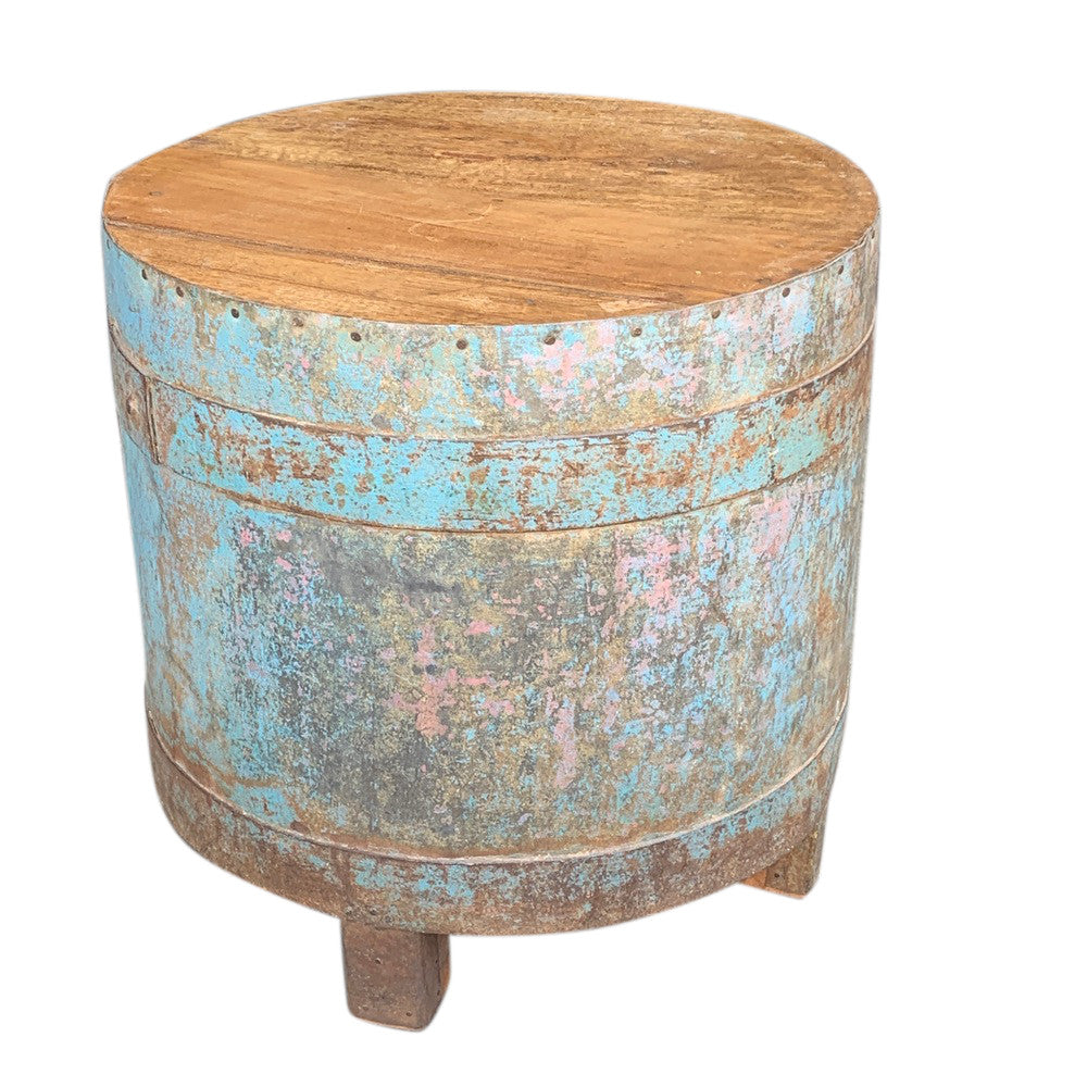 Vintage Iron Drum Side Table With Wood Top - Berbere Imports