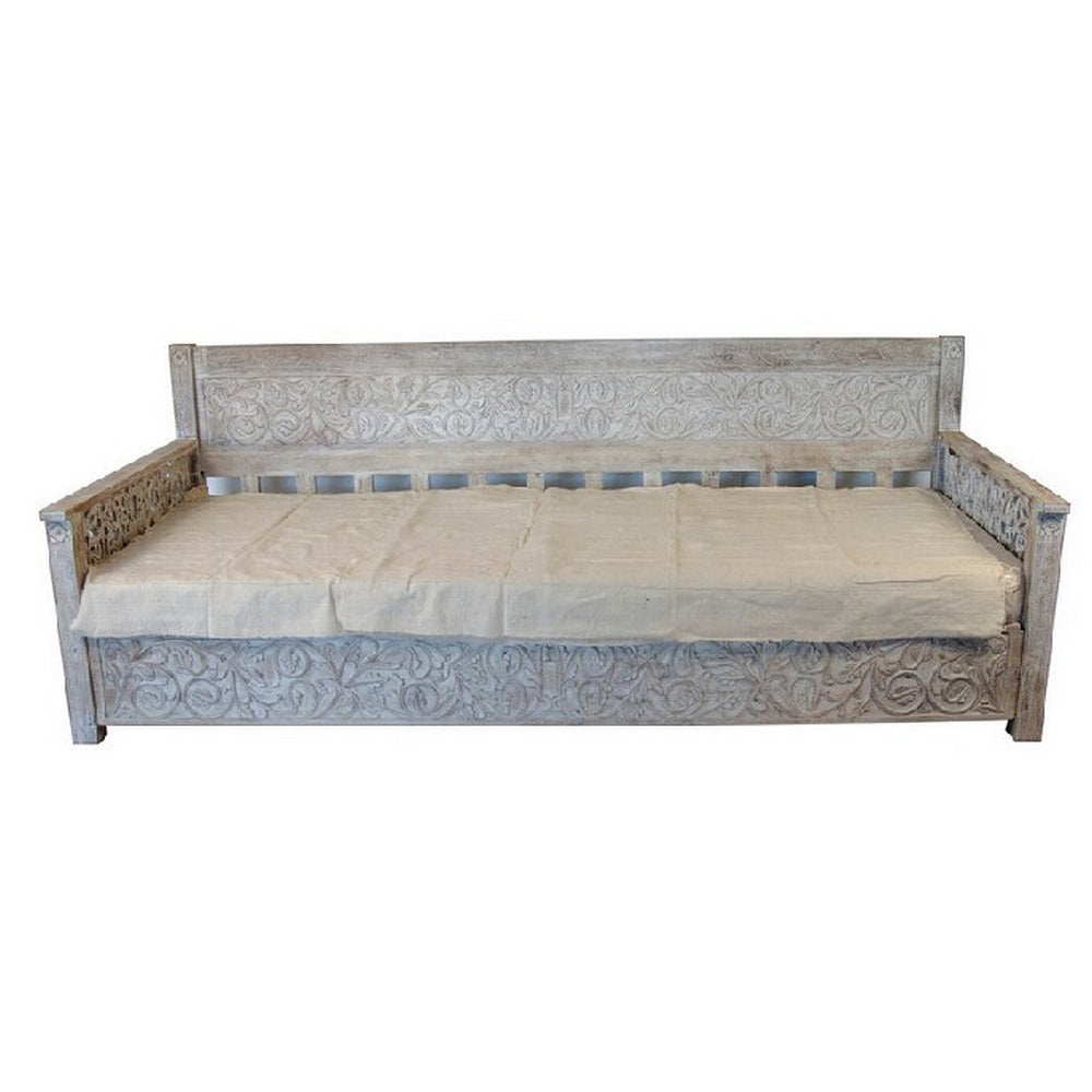 Indian Wooden Carved Whitewash Daybed - 8-Foot - Berbere Imports