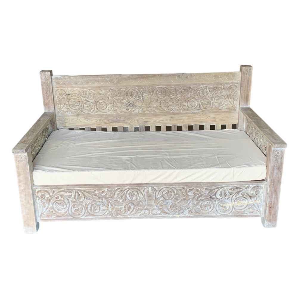 Floral Hand-Carved Wooden Daybed - Natural - Berbere Imports