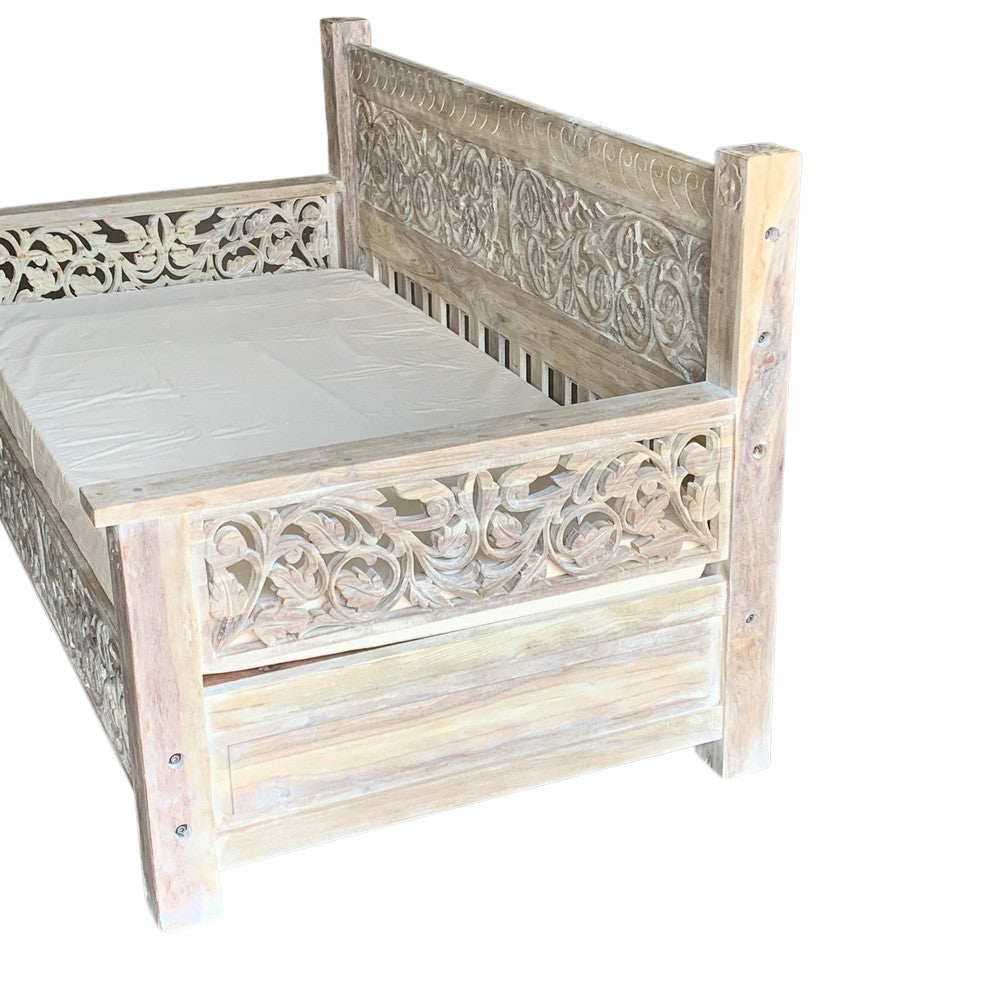 Floral Hand-Carved Wooden Daybed - Natural - Berbere Imports