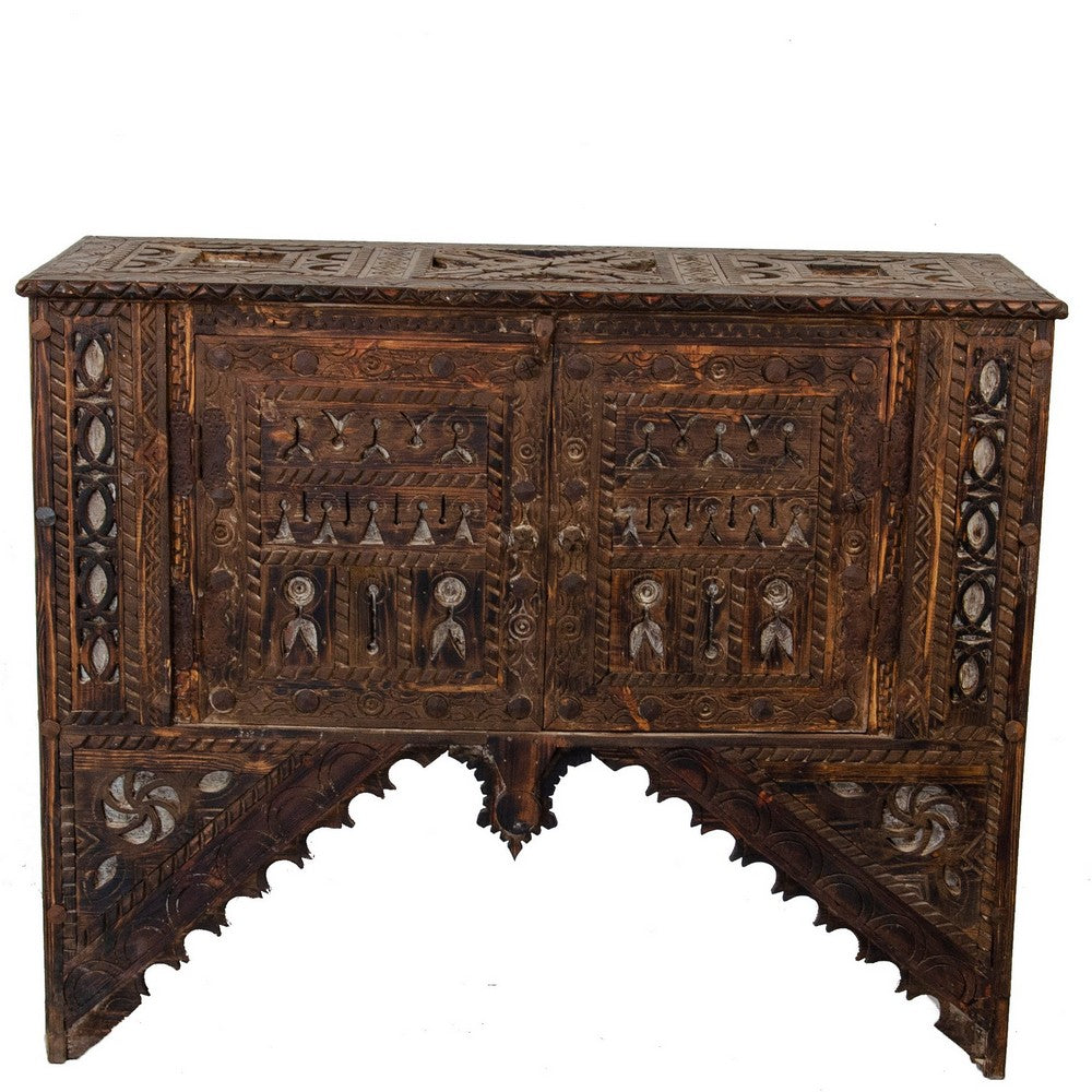 Vintage Moroccan Hand-Carved Wooden Trunk With Doors - Berbere Imports