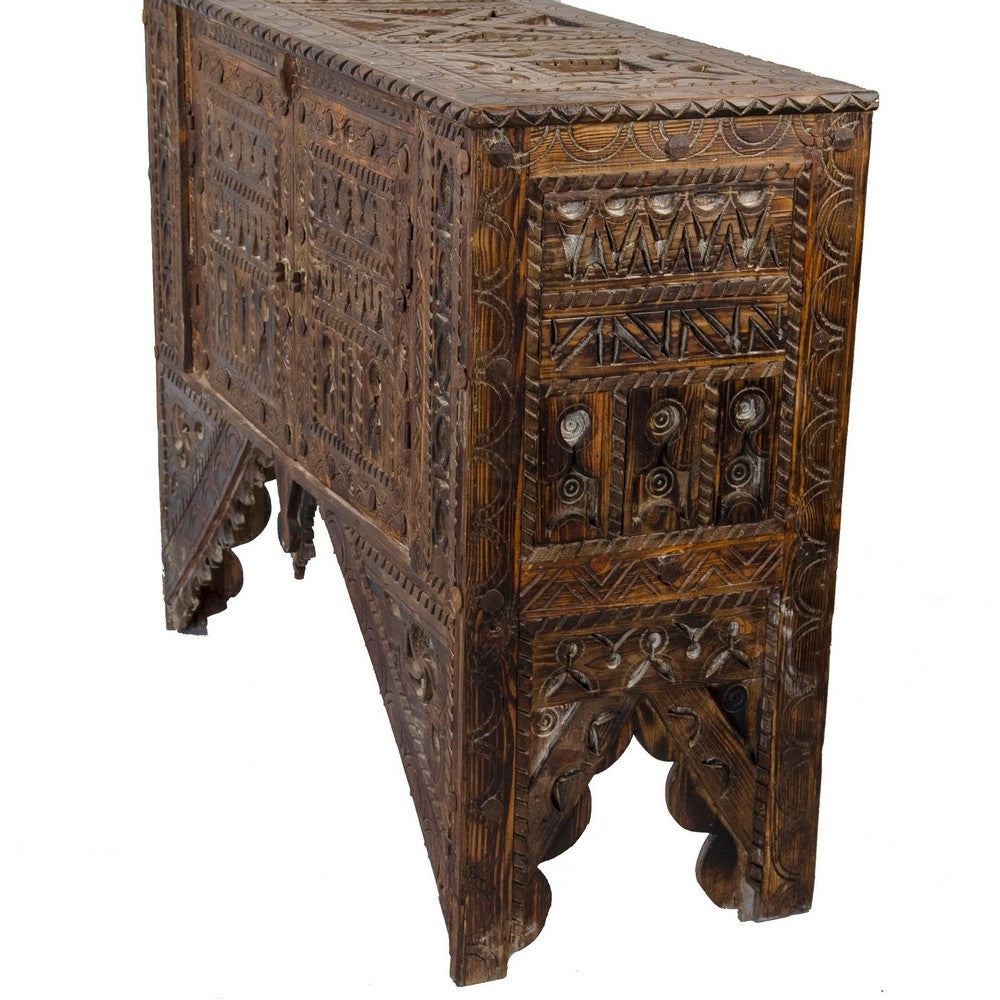 Vintage Moroccan Hand-Carved Wooden Trunk With Doors - Berbere Imports