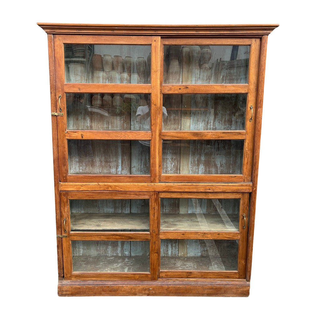 Vintage Wood And Glass Cabinet With Sliding Doors - Berbere Imports