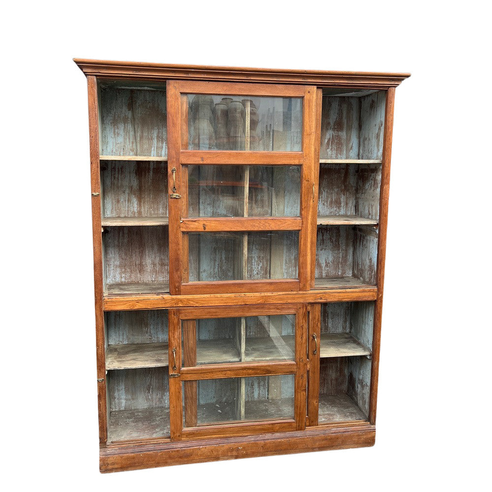 Vintage Wood And Glass Cabinet With Sliding Doors - Berbere Imports