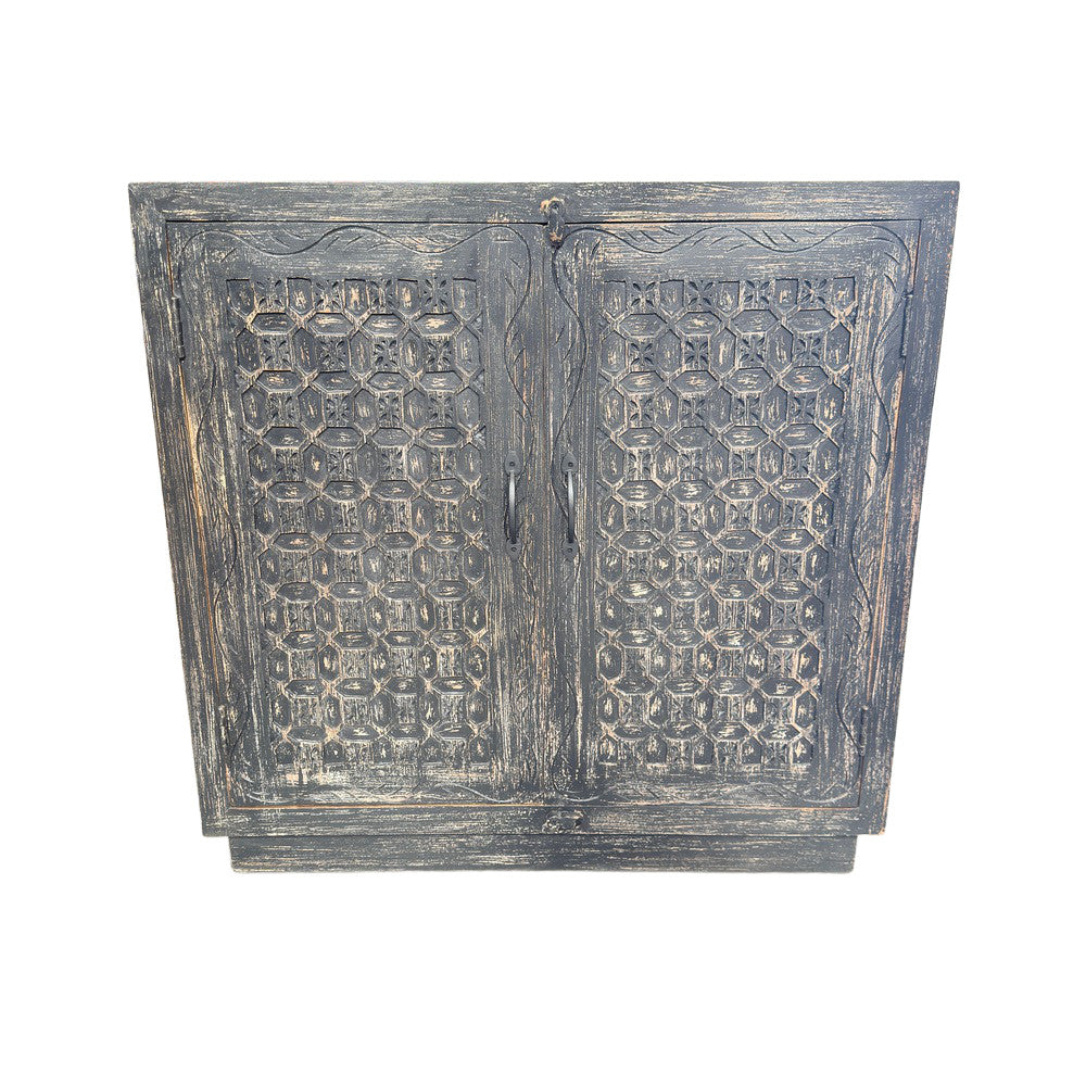 2-Door Wooden Distressed Black Cabinet - Berbere Imports