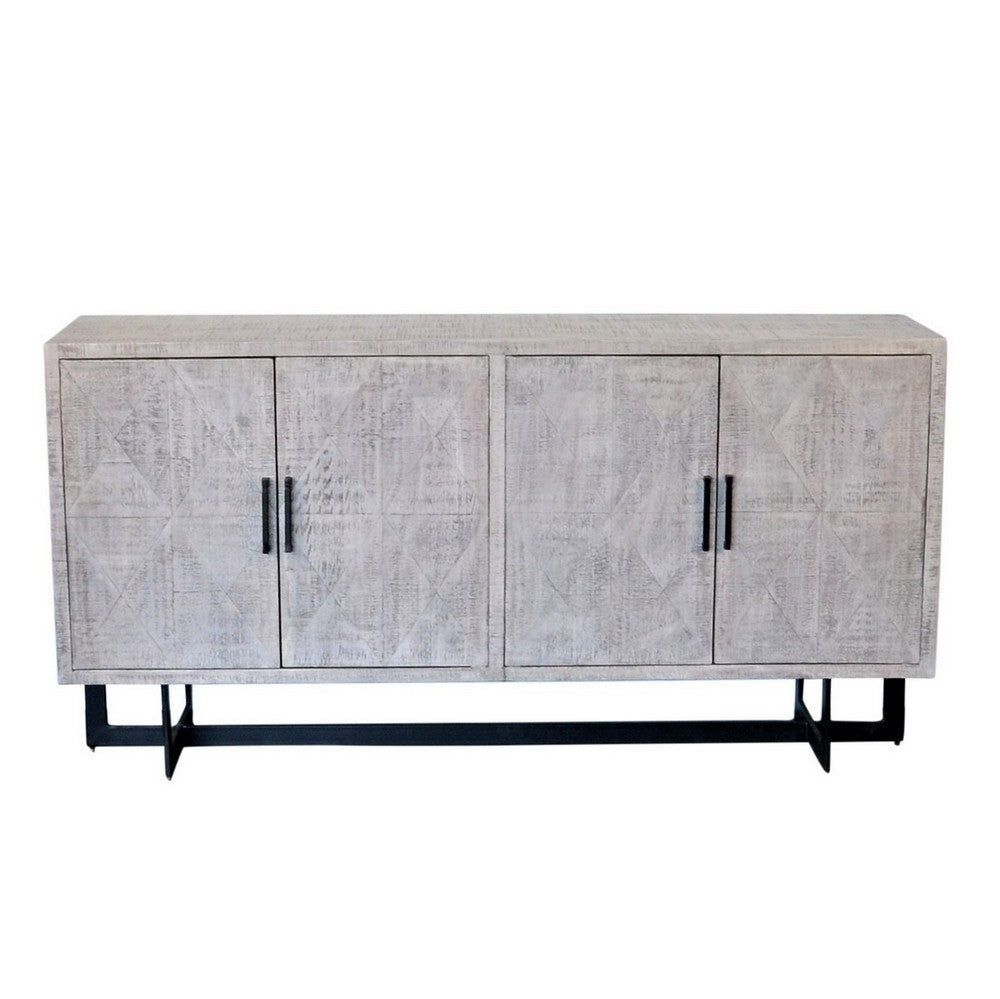 Indian Whitewashed Wooden 4-Door Sideboard With Iron Base - Berbere Imports