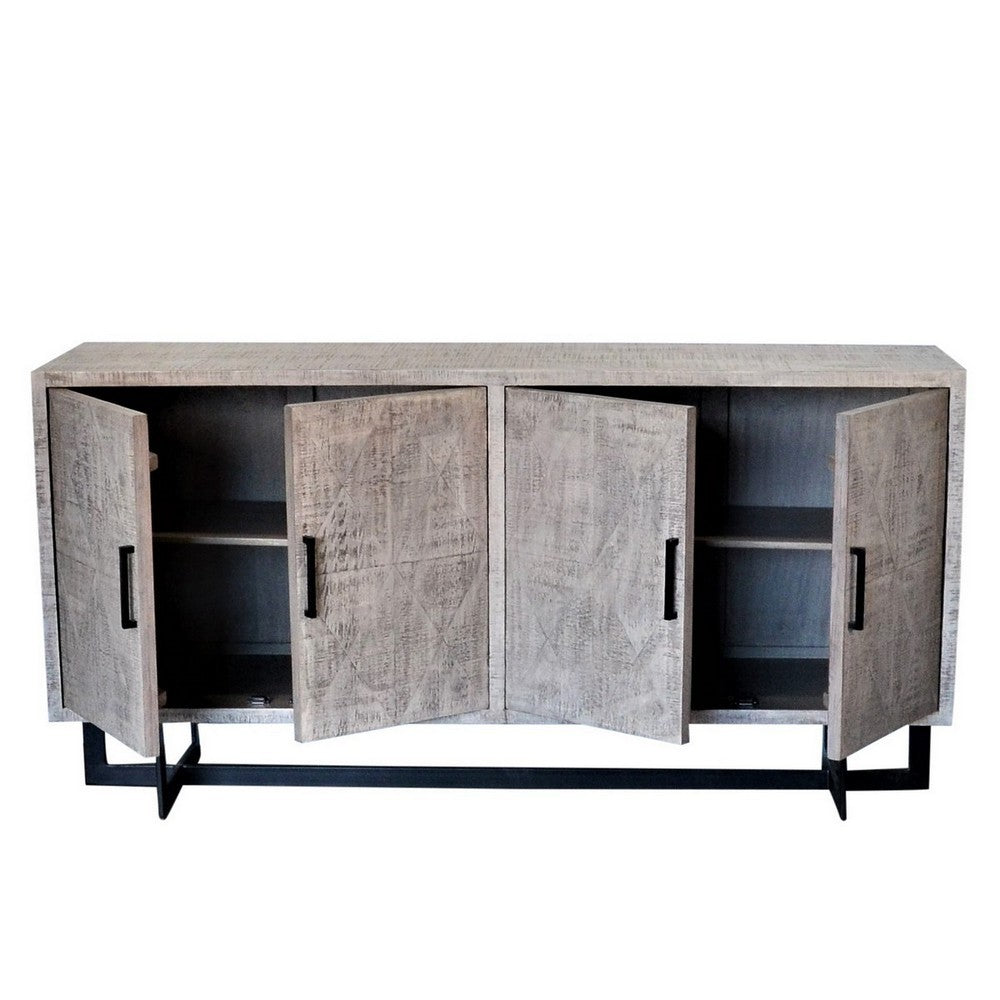 Indian Whitewashed Wooden 4-Door Sideboard With Iron Base - Berbere Imports