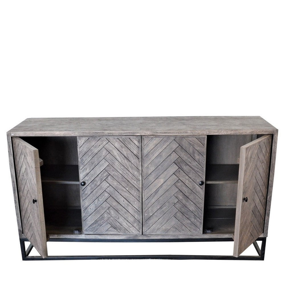 Indian Gray Wooden 4-Door Sideboard With Iron Base - Berbere Imports