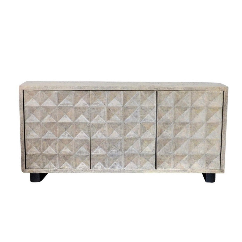 Indian Whitewash Wooden 3-Door Sideboard With Iron Base - Berbere Imports